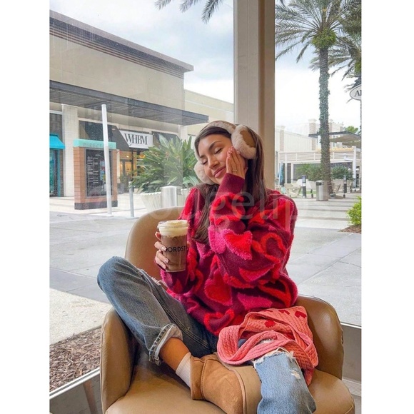 Red Pink Hearts Terry Cloth Texture Pullover Sweater Stretchy Long Sleeve - Picture 5 of 6